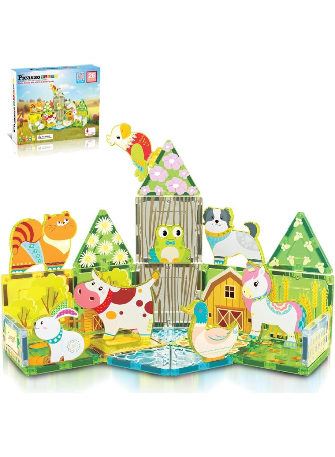 PicassoTiles 26pcs Magnetic Tiles Magnet Tile Building Blocks Printed Fall Farm Themed Animal Toy Set with 8 Farmyard Animals Character Action Figures STEM Learning Playset for Kids, Ages 3+ PTQ27 - Image 1