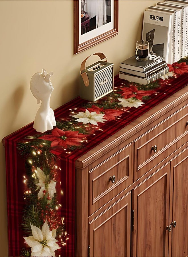 THISFIND Christmas Table Runners and Placemats Set of 6, Red Plaid with Poinsettia & Floral Design, Perfect for Holiday Dining, 7-Piece Christmas Table Decoration - Image 4