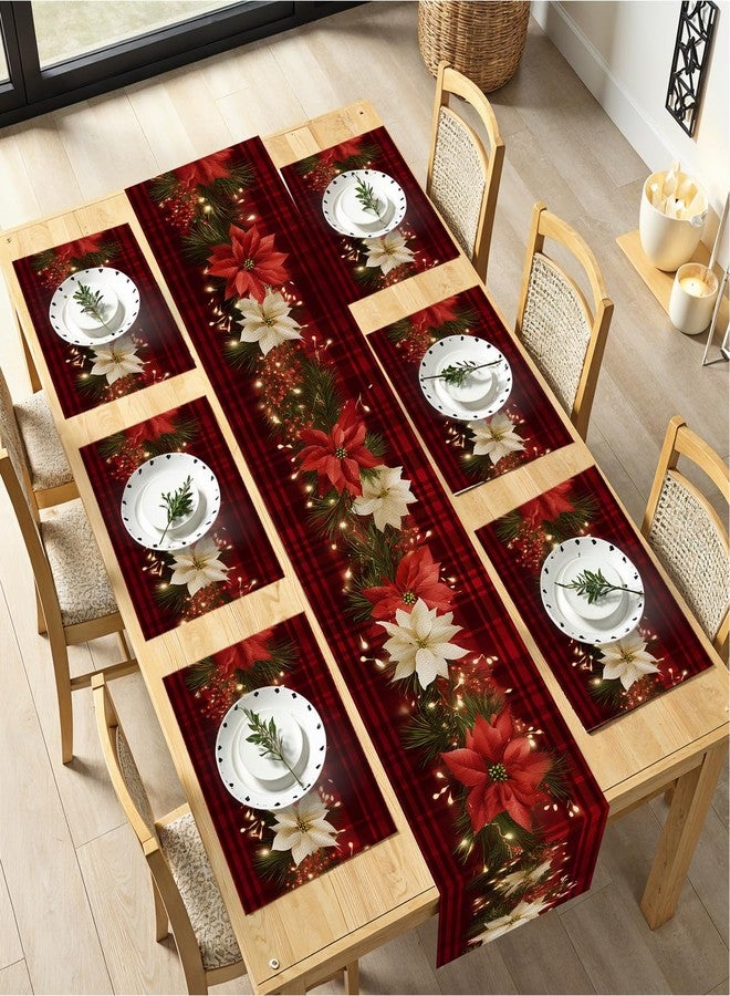 THISFIND Christmas Table Runners and Placemats Set of 6, Red Plaid with Poinsettia & Floral Design, Perfect for Holiday Dining, 7-Piece Christmas Table Decoration - Image 1
