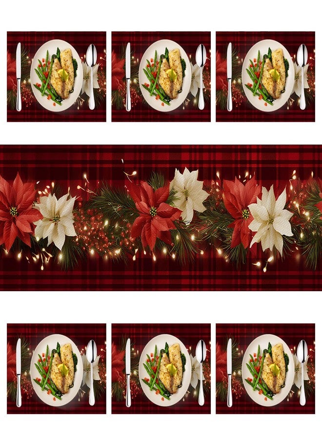 THISFIND Christmas Table Runners and Placemats Set of 6, Red Plaid with Poinsettia & Floral Design, Perfect for Holiday Dining, 7-Piece Christmas Table Decoration - Image 5