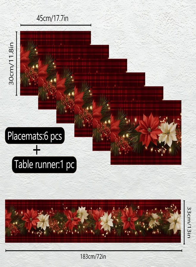 THISFIND Christmas Table Runners and Placemats Set of 6, Red Plaid with Poinsettia & Floral Design, Perfect for Holiday Dining, 7-Piece Christmas Table Decoration - Image 2