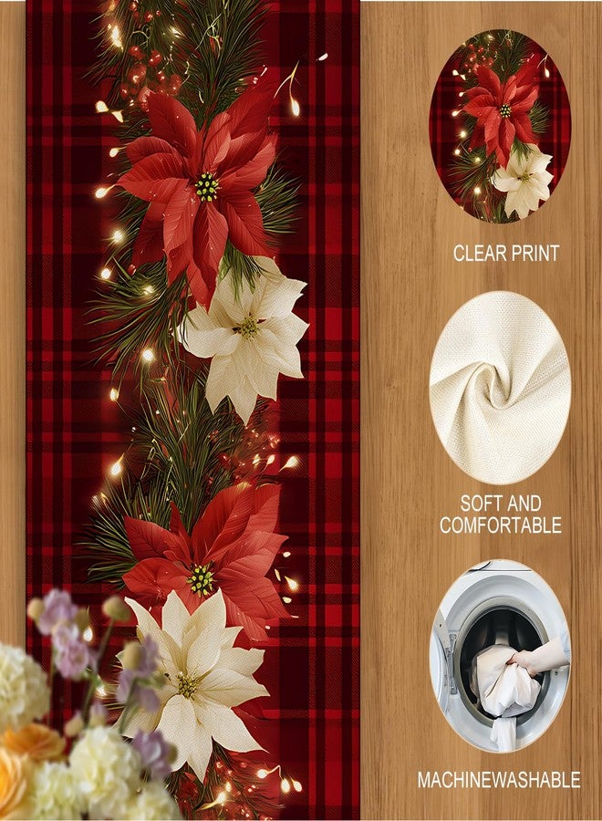 THISFIND Christmas Table Runners and Placemats Set of 6, Red Plaid with Poinsettia & Floral Design, Perfect for Holiday Dining, 7-Piece Christmas Table Decoration - Image 3