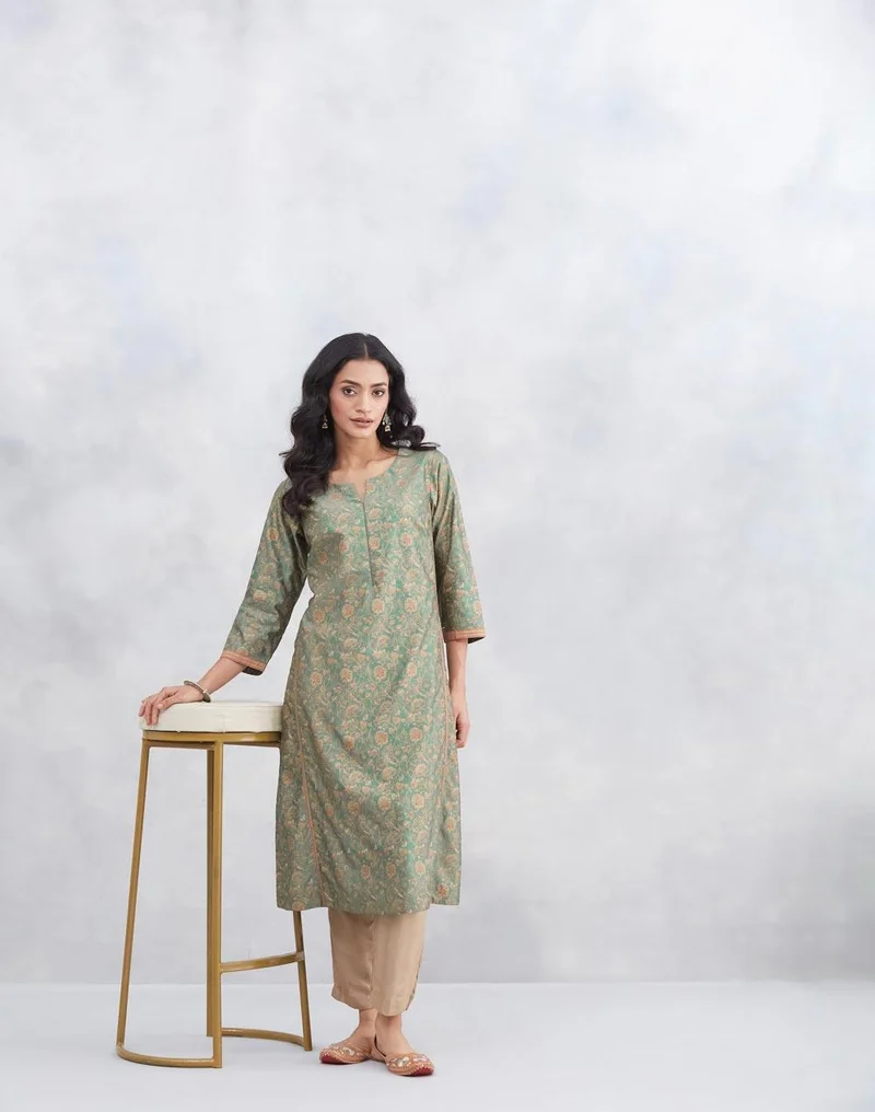 Fabindia Teal Cotton Silk Printed Long Kurta