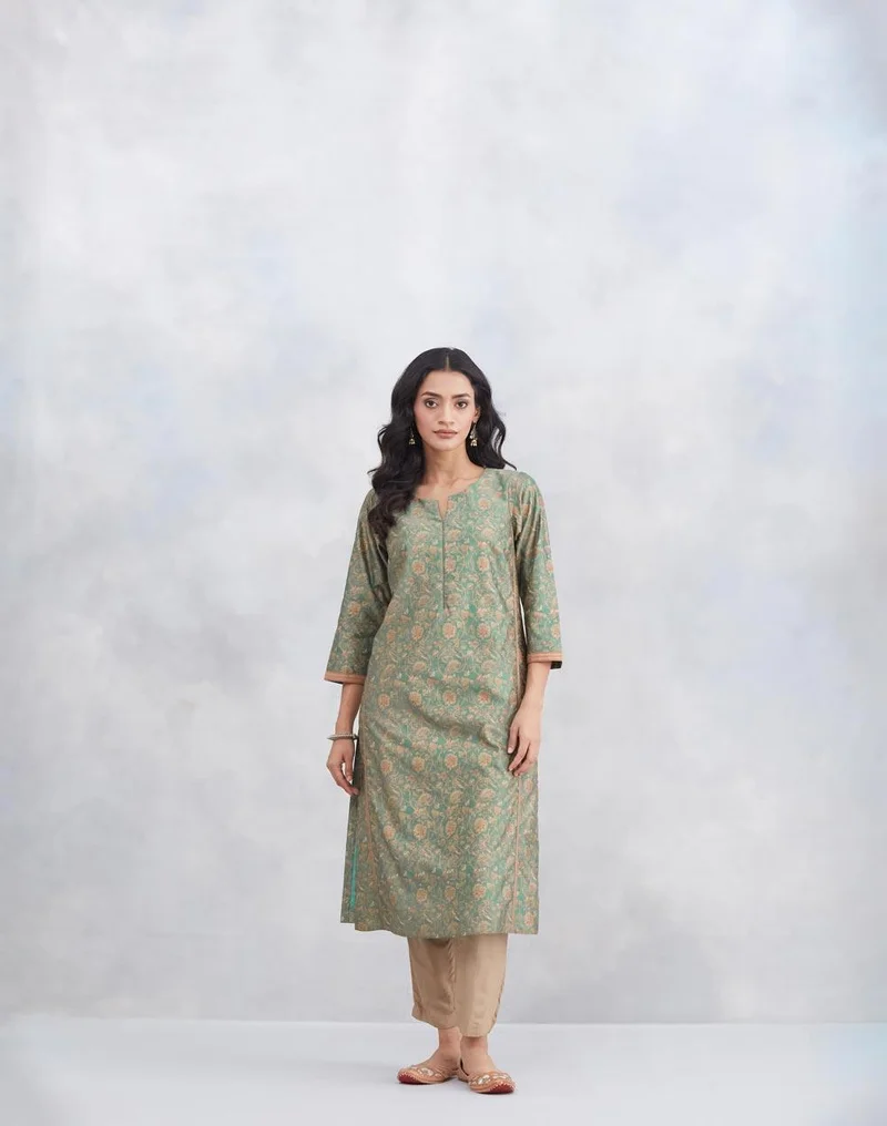 Fabindia Teal Cotton Silk Printed Long Kurta