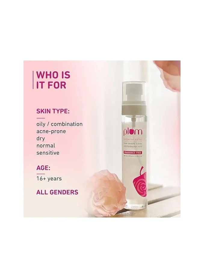 Plum  Plum Bulgarian Valley Rose Water Toner for Face with Hyaluronic Acid Rose Extracts 100% Natural Soothing and Pore Tightening Balances Ph Levels for All Skin Types 100ml  | Best Price UAE