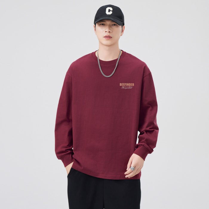 New Men'S Long-Sleeved T-Shirt Cotton Round Neck Loose Printed Trendy Brand Heavy T-Shirt For Internal And External Wear With Base Shirt Trendy - Image 1