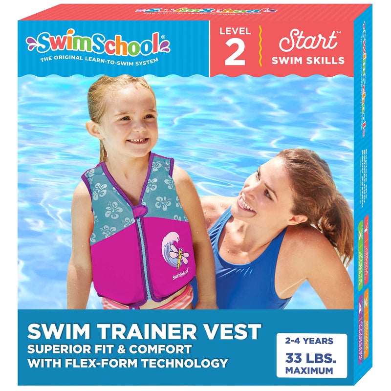 SwimSchool SwimSchool Swim Trainer Vest – Small/Medium Max 33 Pounds – Kids Swim Vest with Padded Shoulders – Comfortable Flex-Form-Fit Design with Adjustable Safety Strap – Pink/Aqua - Image 1