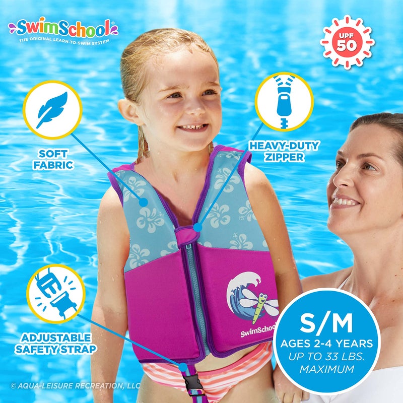 SwimSchool SwimSchool Swim Trainer Vest – Small/Medium Max 33 Pounds – Kids Swim Vest with Padded Shoulders – Comfortable Flex-Form-Fit Design with Adjustable Safety Strap – Pink/Aqua - Image 3