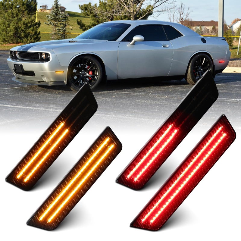 FetonAuto Dynamic Amber Red LED Side Marker Lights for Dodge Challenger 2008 2009 2010 2011 2012 2013 2014 Front Rear Bumper Maker Lamps 4PCS Smoked Lens - Image 2