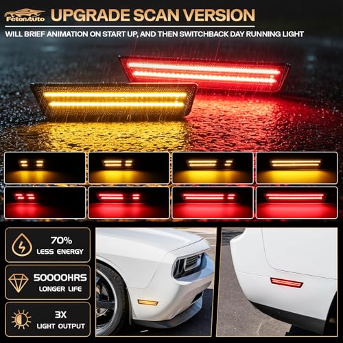 FetonAuto Dynamic Amber Red LED Side Marker Lights for Dodge Challenger 2008 2009 2010 2011 2012 2013 2014 Front Rear Bumper Maker Lamps 4PCS Smoked Lens - Image 3