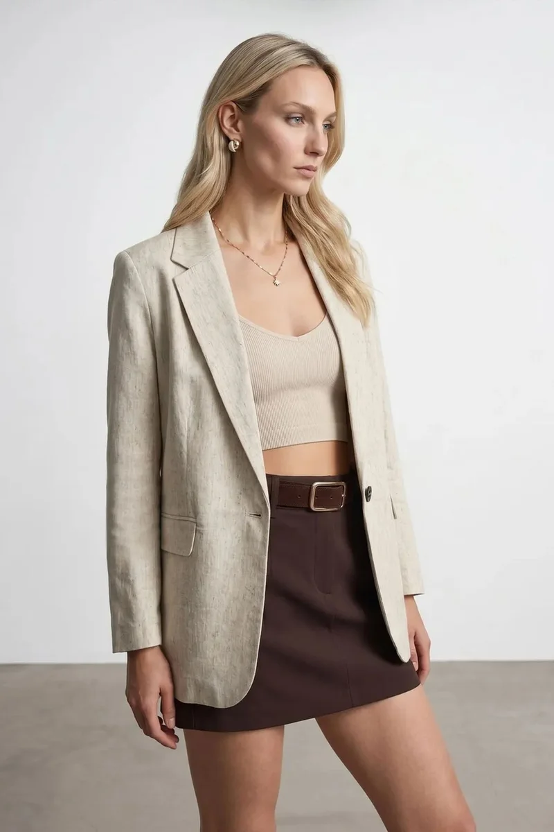 Dilvin Oatmeal Natural DILVIN Women's Woven Blazer Jacket With Shawl Collar for Women | Best Price UAE