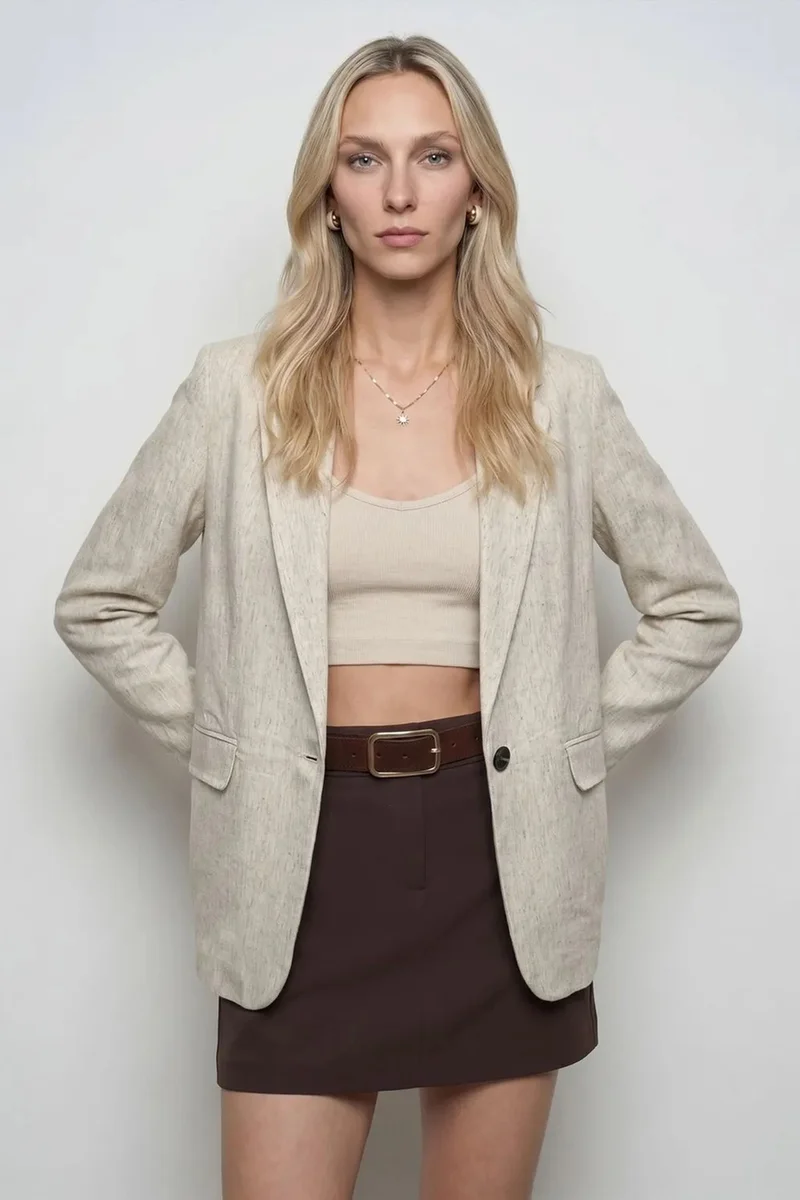Dilvin Oatmeal Natural DILVIN Women's Woven Blazer Jacket With Shawl Collar for Women | Best Price UAE