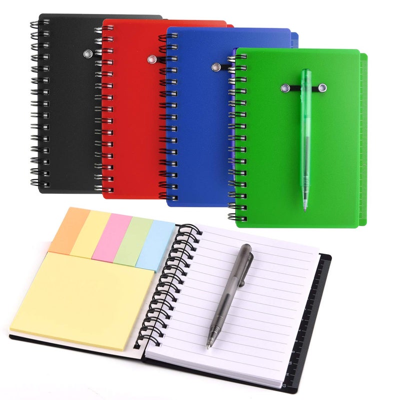 Coopay 4 Pieces Spiral Notebook Steno Pocket Notepad with Pen in Holder and Sticky Notes, Page Marker Index Tabs Flags Making Plans Writing Memos Office School Supplies (Black, Blue, Red, Green) - Image 1