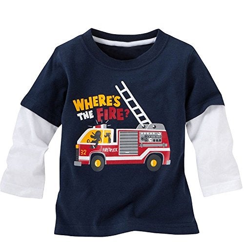 Warmbaby Fire Truck Shirts Boys Kids Long Sleeve T Shirt Navy Size 5 - Image 1