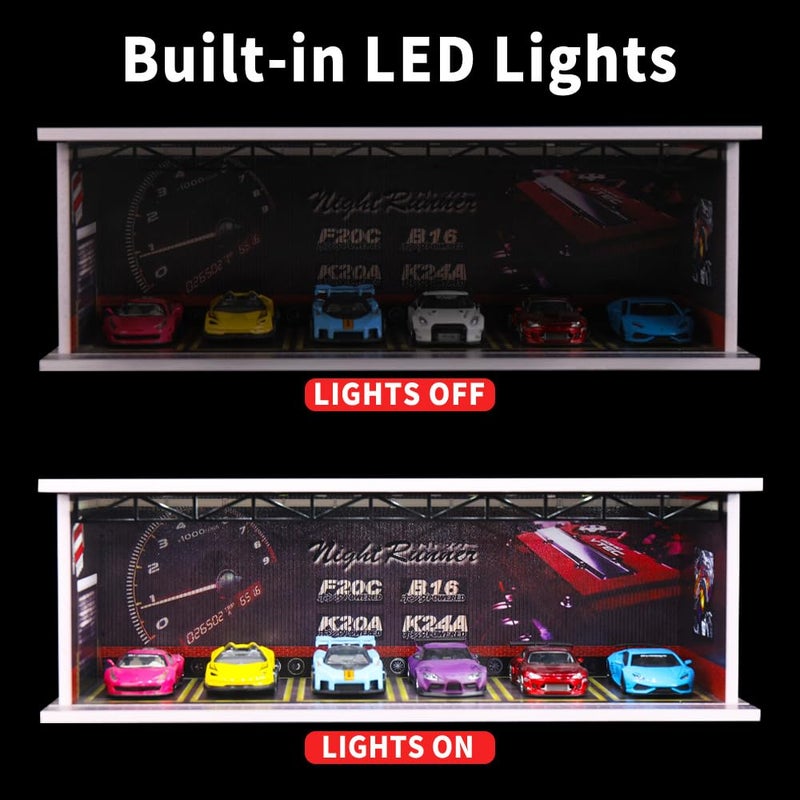 G-FANS Display Case for Hot Wheels - 1/64 Scale Die-cast Model Car Scenarios Display Case with LED Light and Acrylic Cover, Scenes Diorama Storage Garage with 6 Parking Spaces (Speed Per Hour) - Image 4