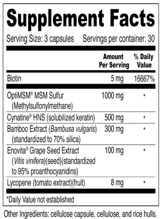 Wellness Resources Hair, Skin & Nails with Biotin, Cynatine HNS Keratin, OptiMSM, Bamboo & Grape Seed Extract - Supplement for Stronger Nails, Healthier Hair & Youthful Skin (90 Capsules) - Image 2