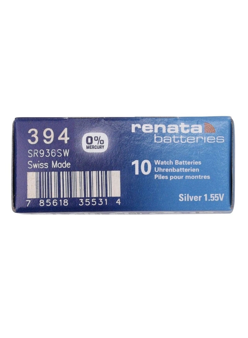 ريناتا بطارية ساعة Renata 394 (SR936SW)، بطارية أكسيد الفضة 1.55 فولت، عبوة من 10 بطاريات - Image 1