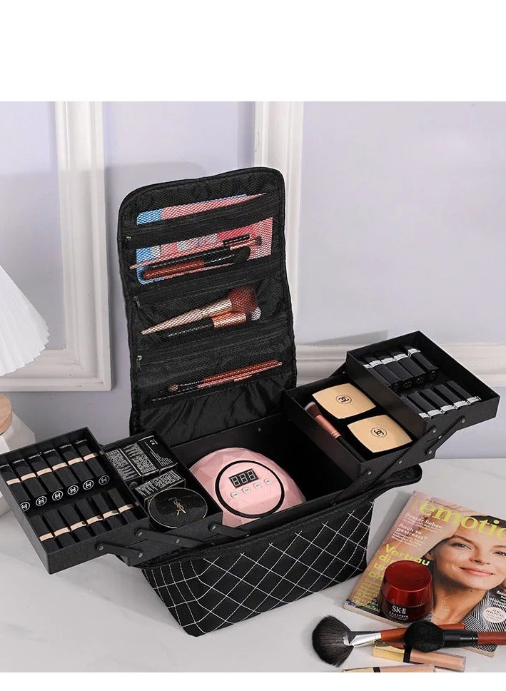 حقيبة مستحضرات تجميل محمولة للسفر مع منظم تخزين لفناني المكياج مع فواصل قابلة للتعديل لفرش المكياج ومستحضرات التجميل والمجوهرات، لون أسود - Image 1