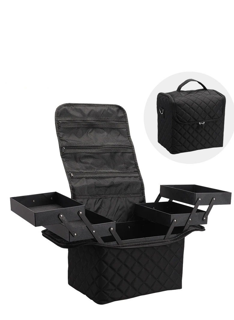 حقيبة مستحضرات تجميل محمولة للسفر مع منظم تخزين لفناني المكياج مع فواصل قابلة للتعديل لفرش المكياج ومستحضرات التجميل والمجوهرات، لون أسود - Image 2