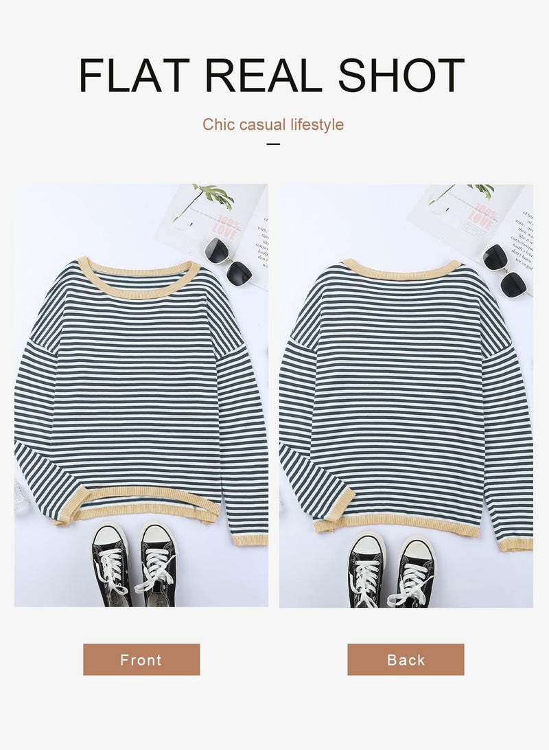 Dokotoo Womens Clothing Color Block Pullover Sweaters 2025 Early Fall Fashion Crew Neck Long Sleeve Jumper Tops Casual Striped Crop Sweater Shirt Old Money Clothes Teacher Outfits Dark Gray Medium - Image 4