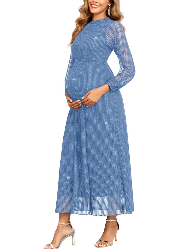 AISWI Maternity Sparkly Dress Halter Neck A Line Long-Sleeve Raglan Pregnancy Dresses Semi Formal Baby Shower Photoshoot, Blue, Large - Image 1