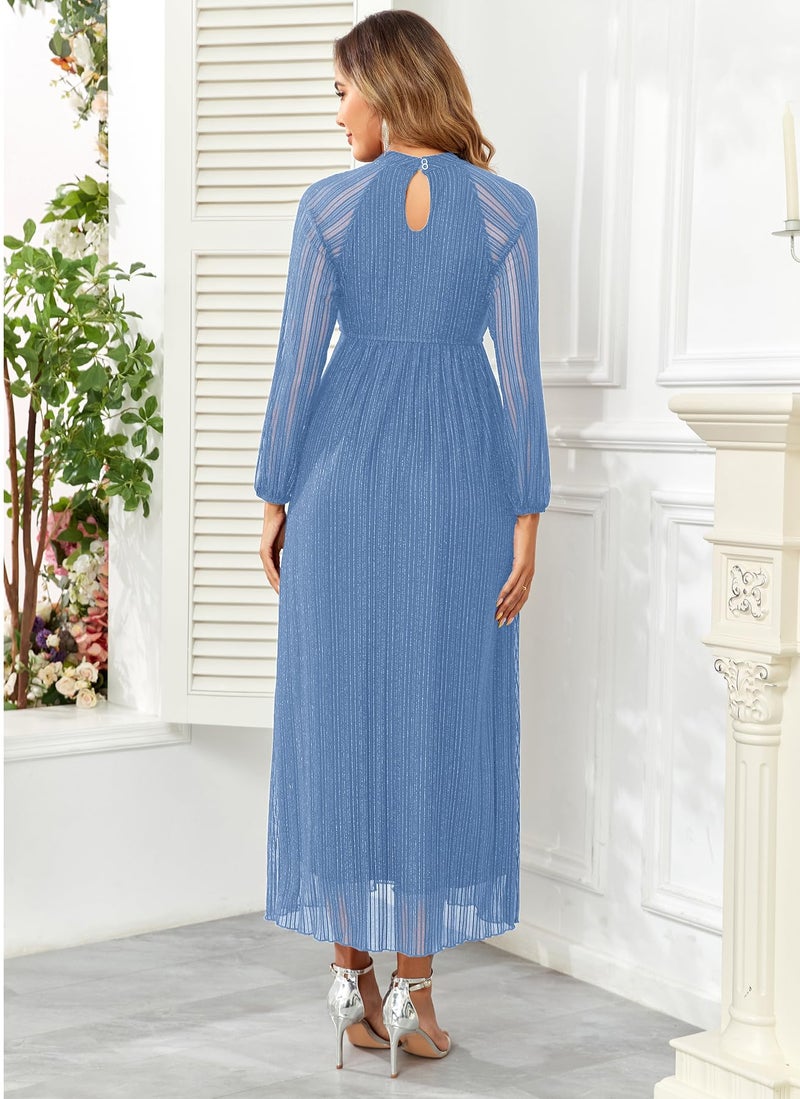 AISWI Maternity Sparkly Dress Halter Neck A Line Long-Sleeve Raglan Pregnancy Dresses Semi Formal Baby Shower Photoshoot, Blue, Large - Image 2