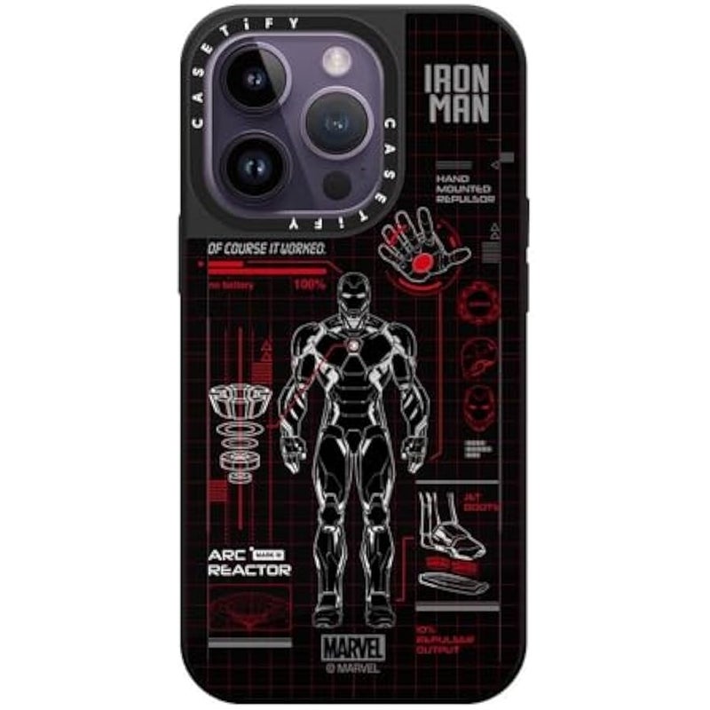 كاستيفي كاسيتي جراب ايفون 14 برو من ميرور 【ايرون مان كو-لاب/عاكس/ حماية من السقوط بطول 5 قدم/ متوافق مع ماج سيف】 - تقنية طباعة ايرون مان بلو - احمر - فضي على اسود - Image 1