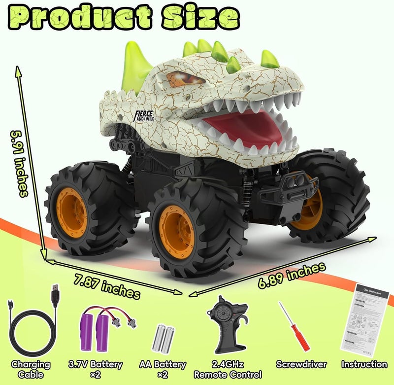 OMIRE Dinosaur RC CAR TOYS,Dinosaur Remote Control Car 2.4GHz RC Monster Truck 1:24 Scale RC Car with LED Lights & Movable Mouth, Rechargeable Dinosaur Toys RC Truck Birthday Gift for Boys 6-12,Orange - Image 2