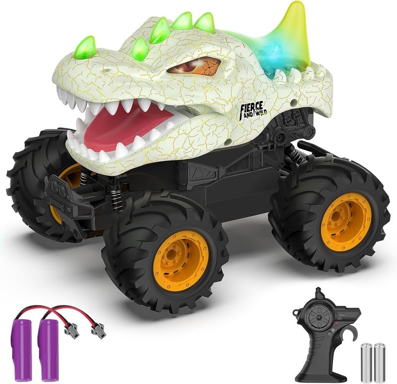 OMIRE Dinosaur RC CAR TOYS,Dinosaur Remote Control Car 2.4GHz RC Monster Truck 1:24 Scale RC Car with LED Lights & Movable Mouth, Rechargeable Dinosaur Toys RC Truck Birthday Gift for Boys 6-12,Orange - Image 1