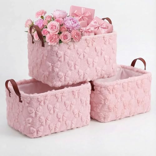 Kathfly 3 Pcs Bow Foldable Storage Baskets Pink Bow Plush Faux Fur Jacquard Design Laundry Basket with Handles Waterproof Storage Bins Fabric Shelf Baskets for Organizing Closet Clothes - Image 1