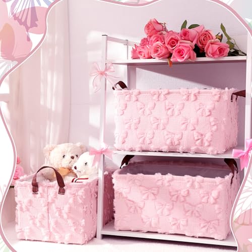 Kathfly 3 Pcs Bow Foldable Storage Baskets Pink Bow Plush Faux Fur Jacquard Design Laundry Basket with Handles Waterproof Storage Bins Fabric Shelf Baskets for Organizing Closet Clothes - Image 3