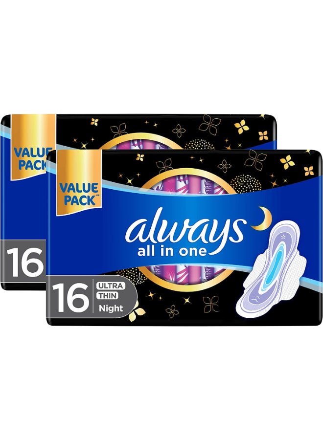 Always All In One Ultra Thin, Night Sanitary Pads With Wings, 16 Count Dual Pack - Image 1