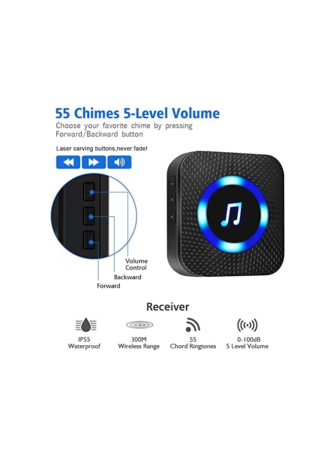 erorex Wireless Doorbell, Waterproof Door Chime Kit Operating at over 984 Feet with 2 Plug-In Receivers, 55 Melodies, Volume Levels Adjustable, CD Quality Sound and LED Flash - Image 2