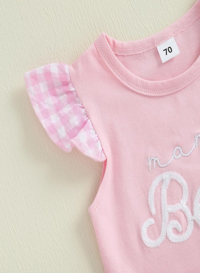 SAYOO Mamas Bestie Baby Girl Outfit Bow Letter Embroidery Flying Sleeve Tops Pink Ruffled Plaid Shorts 2Pcs Summer Clothes (Pink, 6-12 Months) - Image 5