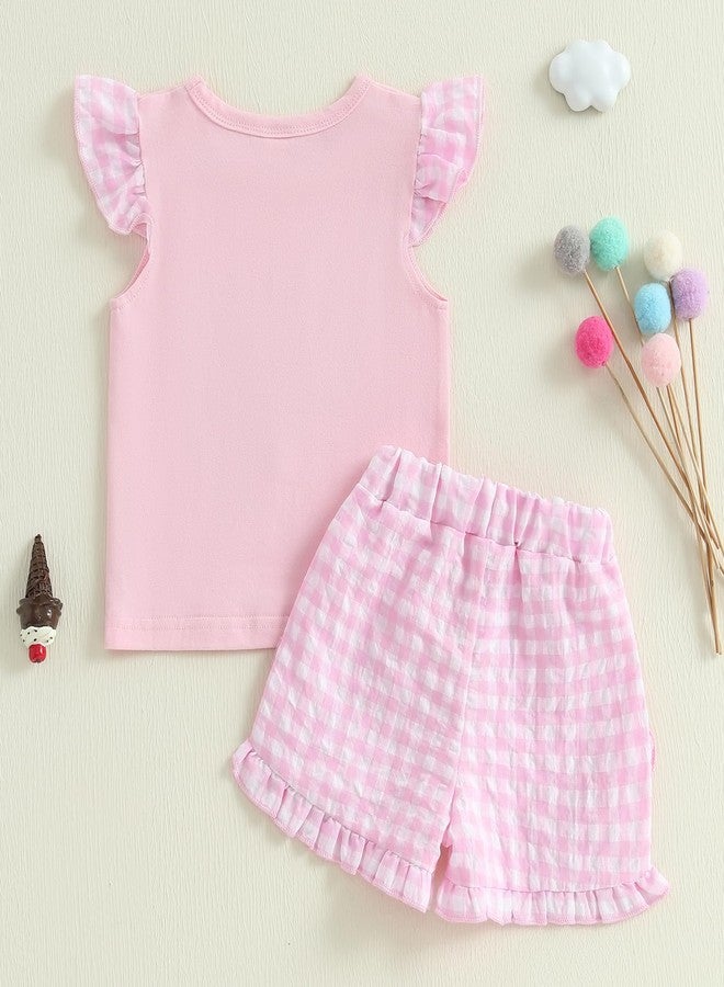 SAYOO Mamas Bestie Baby Girl Outfit Bow Letter Embroidery Flying Sleeve Tops Pink Ruffled Plaid Shorts 2Pcs Summer Clothes (Pink, 6-12 Months) - Image 3