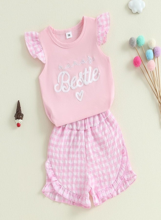 SAYOO Mamas Bestie Baby Girl Outfit Bow Letter Embroidery Flying Sleeve Tops Pink Ruffled Plaid Shorts 2Pcs Summer Clothes (Pink, 6-12 Months) - Image 2