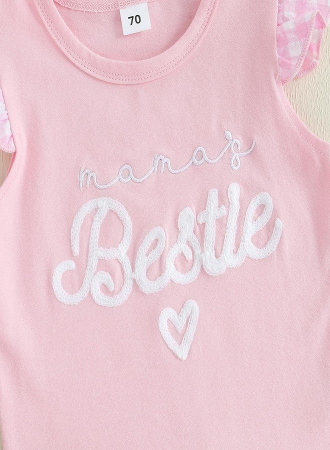 SAYOO Mamas Bestie Baby Girl Outfit Bow Letter Embroidery Flying Sleeve Tops Pink Ruffled Plaid Shorts 2Pcs Summer Clothes (Pink, 6-12 Months) - Image 4