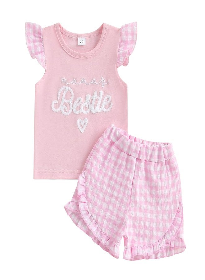 SAYOO Mamas Bestie Baby Girl Outfit Bow Letter Embroidery Flying Sleeve Tops Pink Ruffled Plaid Shorts 2Pcs Summer Clothes (Pink, 6-12 Months) - Image 1