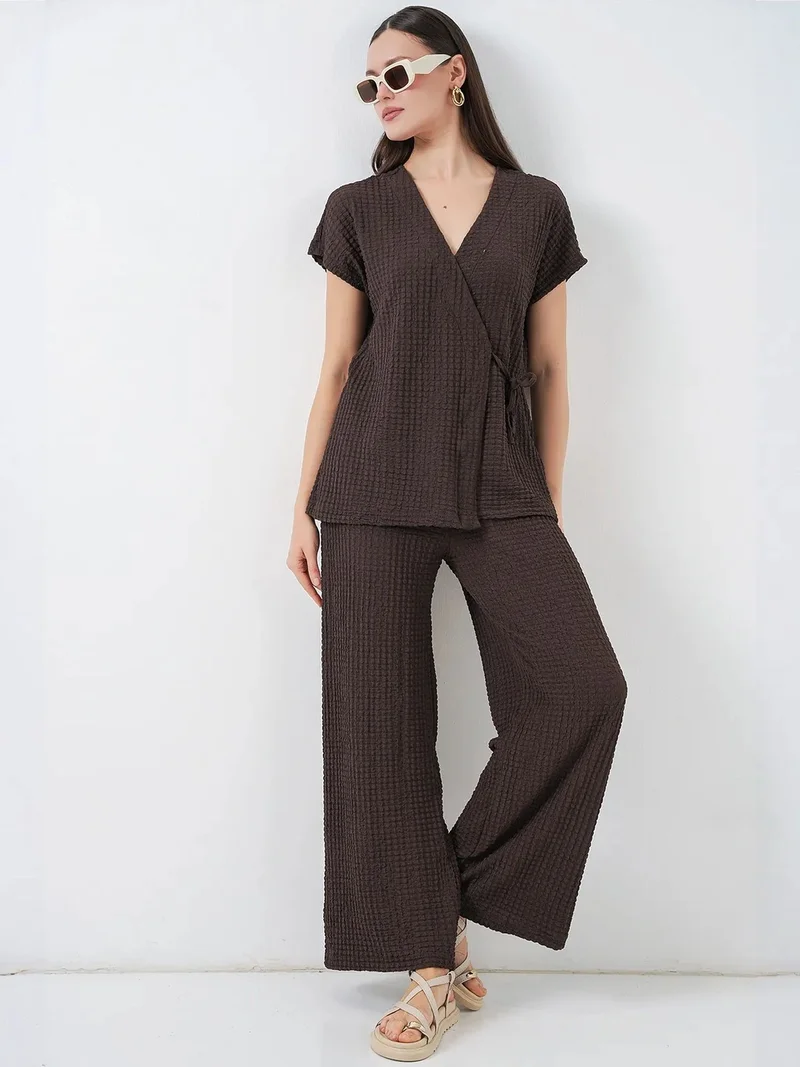 BIG DART BDART Textured V-Neck Tie Detail Two-Piece Coord Set