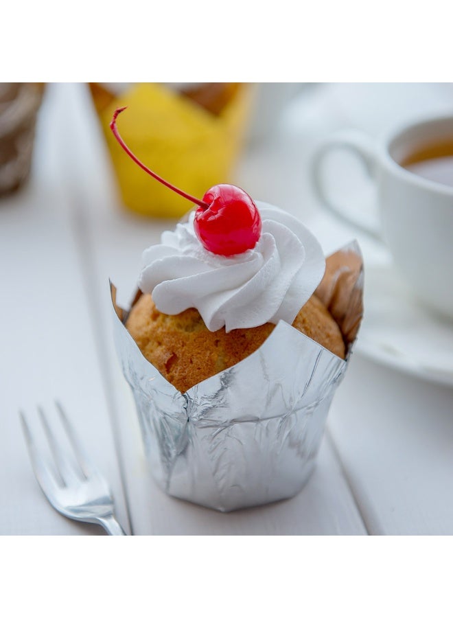 Restaurantware 4 Ounce 200 Tulip Shaped Grease Resistant, Oven Safe, Metallic Silver Paper For Parties and Weddings - Image 3