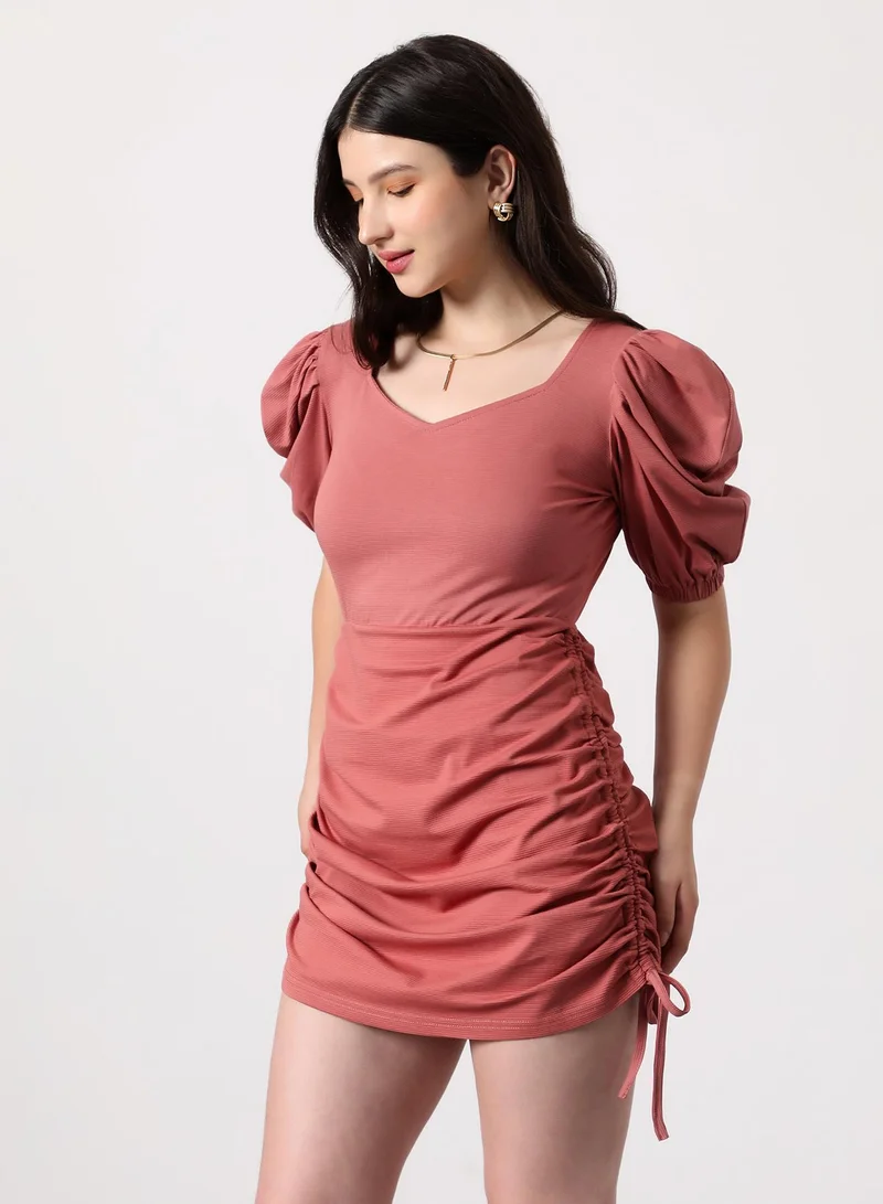 PINACOLADA Women's Ruched Mini Dress | Sweetheart Neck , Short Puff Slleves, Pull On Closure | Solid Ribbed | Knitted Dress For Casual & Evening Wear | Coral Pink