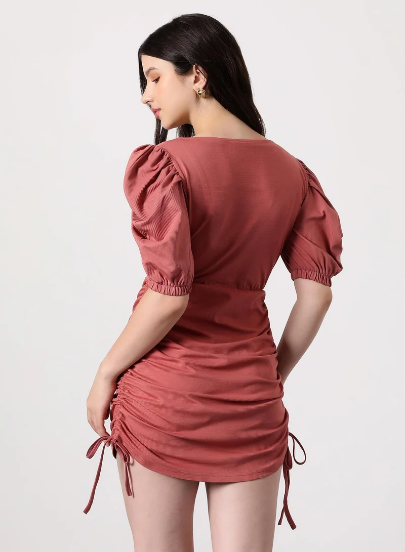 PINACOLADA Women's Ruched Mini Dress | Sweetheart Neck , Short Puff Slleves, Pull On Closure | Solid Ribbed | Knitted Dress For Casual & Evening Wear | Coral Pink