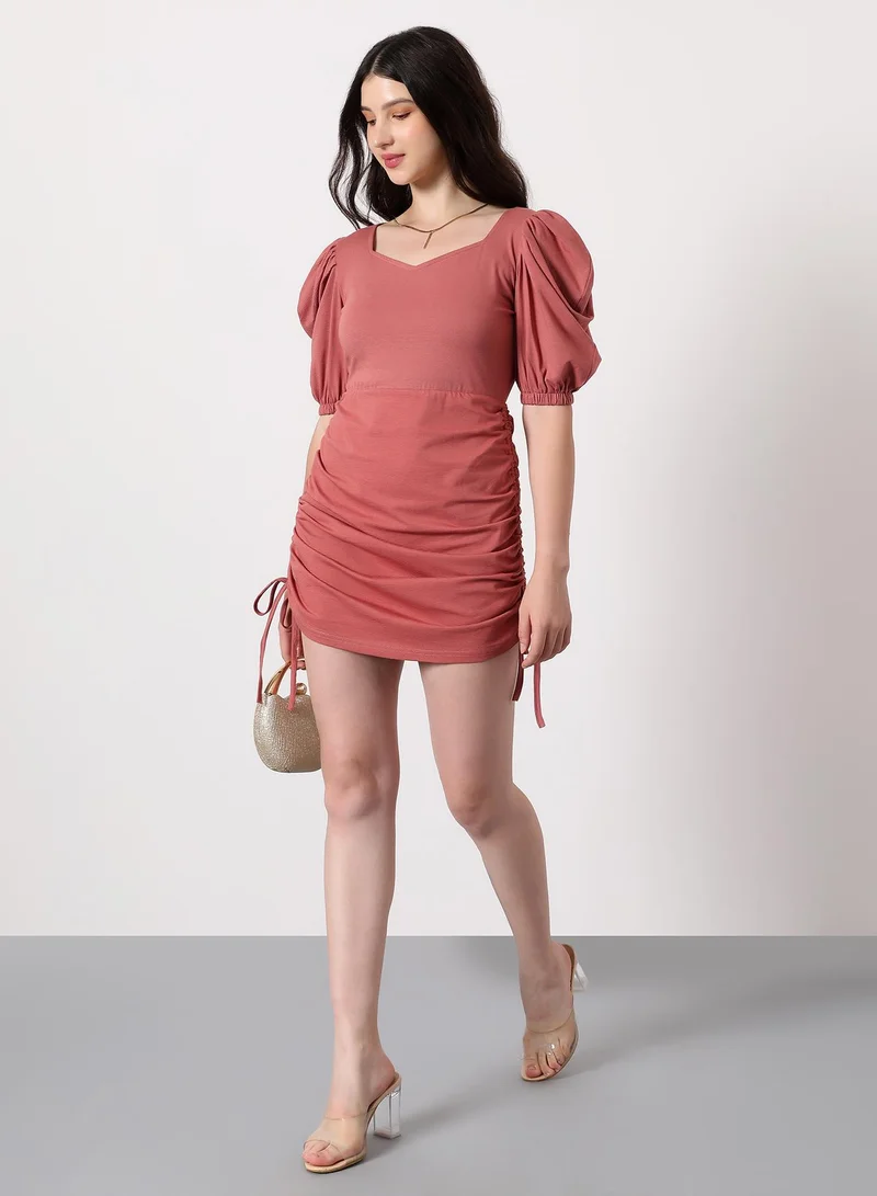 PINACOLADA Women's Ruched Mini Dress | Sweetheart Neck , Short Puff Slleves, Pull On Closure | Solid Ribbed | Knitted Dress For Casual & Evening Wear | Coral Pink