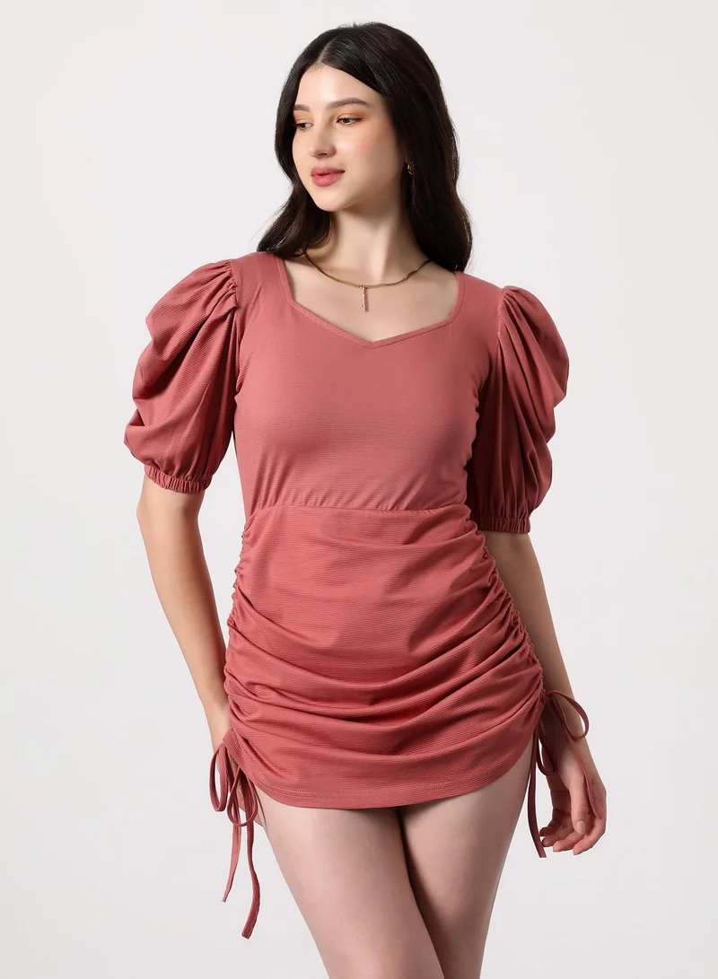 بينيا كولادا Women's Ruched Mini Dress | Sweetheart Neck , Short Puff Slleves, Pull On Closure | Solid Ribbed | Knitted Dress For Casual & Evening Wear | Coral Pink