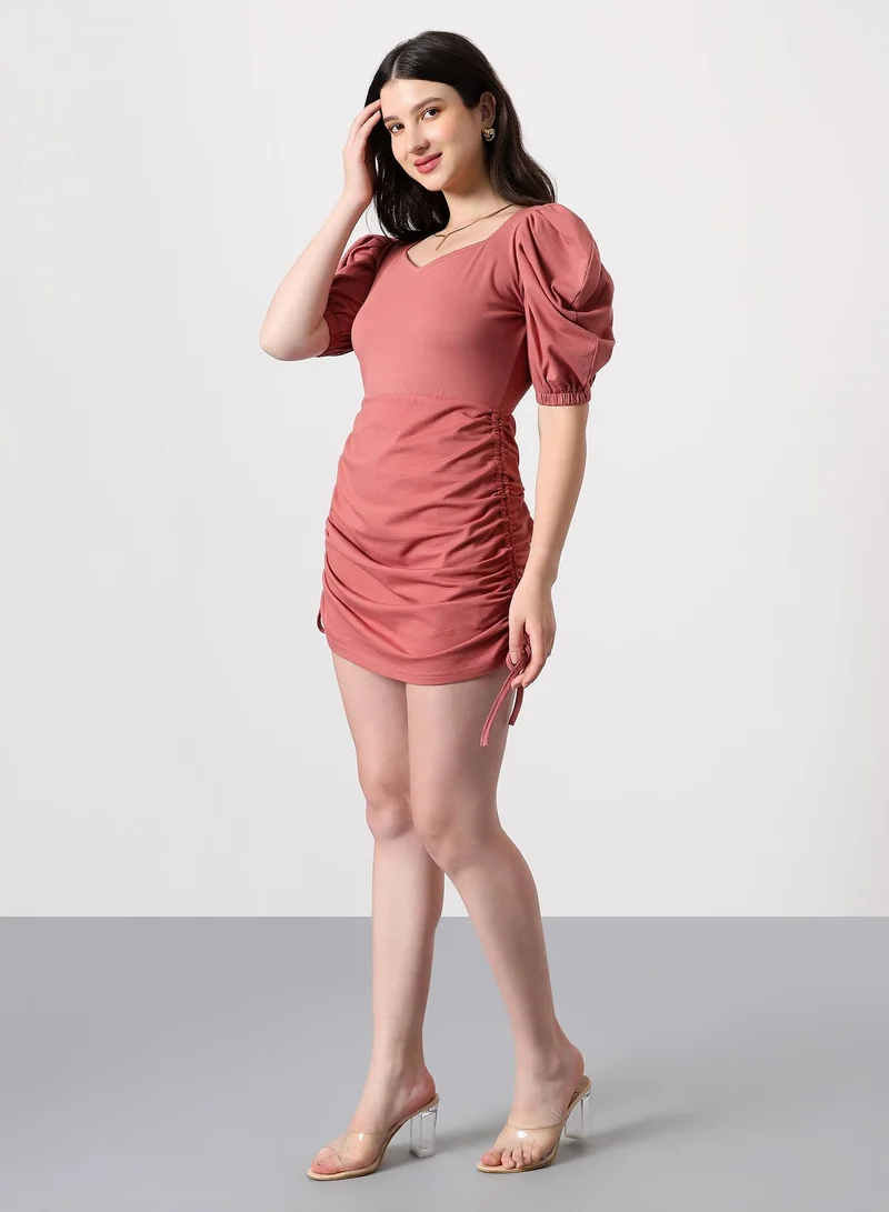 PINACOLADA Women's Ruched Mini Dress | Sweetheart Neck , Short Puff Slleves, Pull On Closure | Solid Ribbed | Knitted Dress For Casual & Evening Wear | Coral Pink