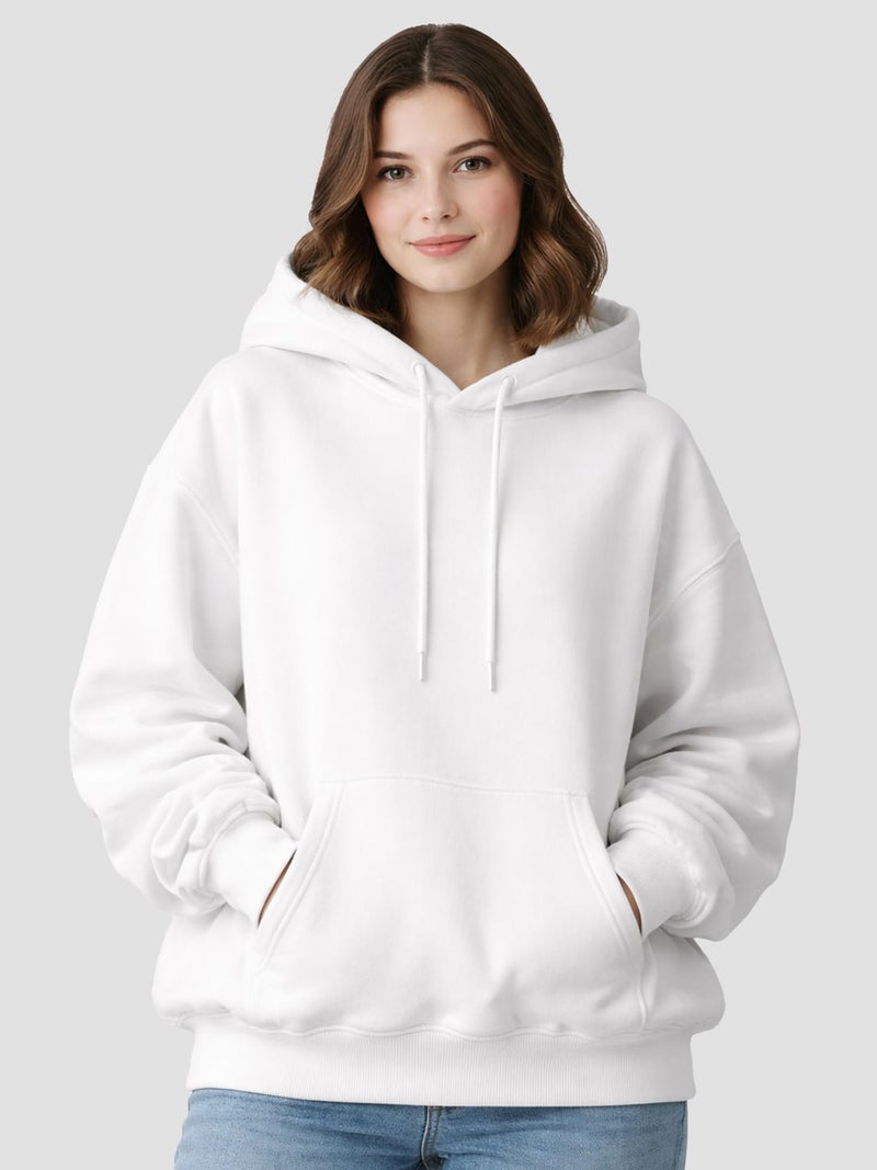 ENCIGER Womens Solid Hoodie | Oversized Fit Winter Sweatshirt with Kangaroo Pocket | Warm Casual Pullover White, 2XL - Image 2