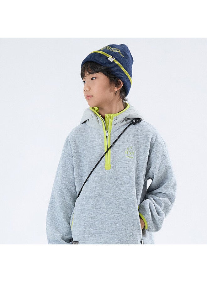 Mipo Autumn Winter Kids Anti-static Polar Fleece Colorblock Lightweight Hooded Sweatshirt Heather Gray 130cm - Image 3