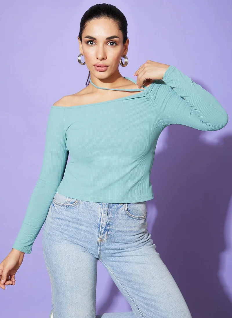 globus Globus Women Sea Green Off Shoulder Slim Fit Cotton Bardot Top