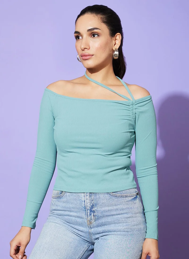 globus Globus Women Sea Green Off Shoulder Slim Fit Cotton Bardot Top