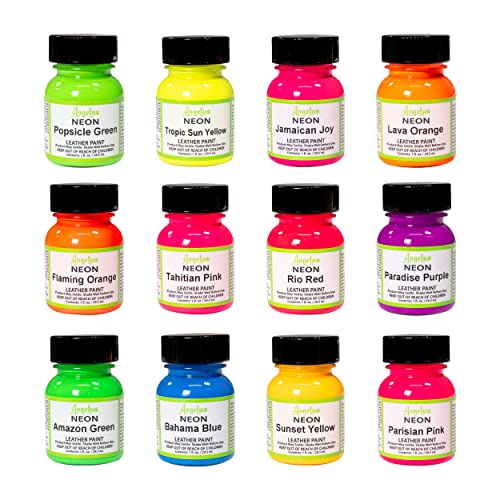 Angelus Neon Acrylic Leather Paint Set 12 Vibrant Colors 1 oz Each NonToxic Leather Canvas Wood Paints for Customization and Crafting Flexible Mixable Made In USA - Image 1
